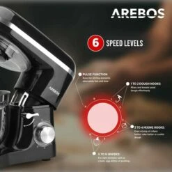 AREBOS Batidora Amasadora 1500W 6L Tazón De Mezcla De Acero Inoxidable 6 Velocidade Negro -Cocina Electrodomésticos Ventas 26673632 3