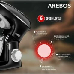 AREBOS Batidora Amasadora 1500W XXL 8L Tazón Mezcla Acero Inoxidable 6 Velocidade Negro -Cocina Electrodomésticos Ventas 41644139 3