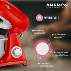 AREBOS Batidora Amasadora 1800W 6L Cuenco Acero Inoxidable 6 Velocidade Silencioso Rojo -Cocina Electrodomésticos Ventas 42176790 3