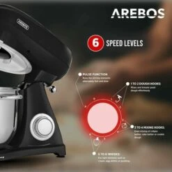 AREBOS Batidora Amasadora 1800W 6L Cuenco Acero Inoxidable 6 Velocidade Silencioso Negro -Cocina Electrodomésticos Ventas 42176898 3