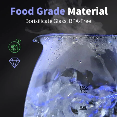 Hervidor De Agua Eléctrico, Vidrio De Borosilicato, Libre De BPA, 2200W, Iluminación LED, Capacidad 1L, Rápida Ebullición, Protección Contra La Ebullición En Seco, Base 360º - Aigostar Elfin 5 Hervidor De Agua Eléctrico, Vidrio De Borosilicato, Libre De BPA, 2200W, Iluminación LED, Capacidad 1L, Rápida Ebullición, Protección Contra La Ebullición En Seco, Base 360º - Aigostar Elfin - Imagen 3