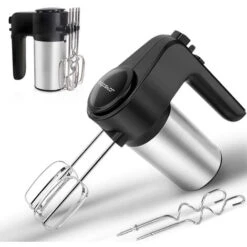 Aigostar Hanson - Batidora De Varillas Con 6 Velocidades Y Función Turbo, Batidora Amasadora Reposteria Con 2 Varillas Y 2 Ganchos Para Batir, 300W Negro,Acero Inoxidable,Libre De BPA.