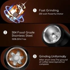 Aigostar Molinillo De Café Eléctrico, Con Cuchilla De Acero Inoxidable, Semillas Especias Frutos Secos Molinos De Cuchillas De 200W Potencia, Capacidad 60gr Con Cepillo Para Limpieza, Libre De BPA -Cocina Electrodomésticos Ventas 72291507 3