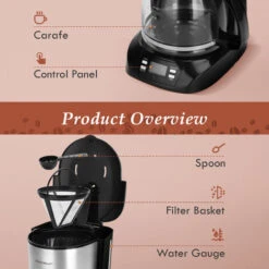 Cafetera De Goteo, 1.5 L(12 Tazas) Con Temporizador Programable, Filtro Reutilizable, Pantalla LCD, 800W, Cafetera Americano Con Auto Apagado, Función Mantener Caliente, Acero Inoxidable - Aigostar Be -Cocina Electrodomésticos Ventas 72291554 5