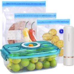 Aigostar Fresh - Pack 3 Productos: Mini Bomba De Vacío Portátil, Bolsas Y Recipientes Para Envasar Al Vacío, Envasadora Al Vacío Recargable Por USB, Conserva La Comida Durante Días