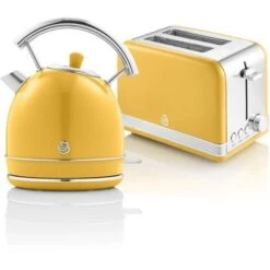SWAN STP7050YELNEU Retro Set Desayuno Hervidor De Agua 1,8 L Inalámbrico, Tostadora 2 Rebanadas Anchas, Vintage 850W Amarillo
