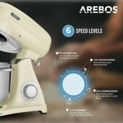 AREBOS Batidora Amasadora 1800W 6L Cuenco Acero Inoxidable 6 Velocidade Silencioso Beige -Cocina Electrodomésticos Ventas 89368489 3